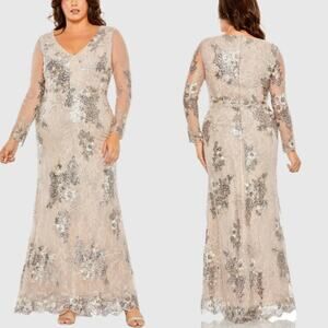 New MAC DUGGAL Beige V Neck Mesh Long Sleeve Embroidered Gown Sz 18